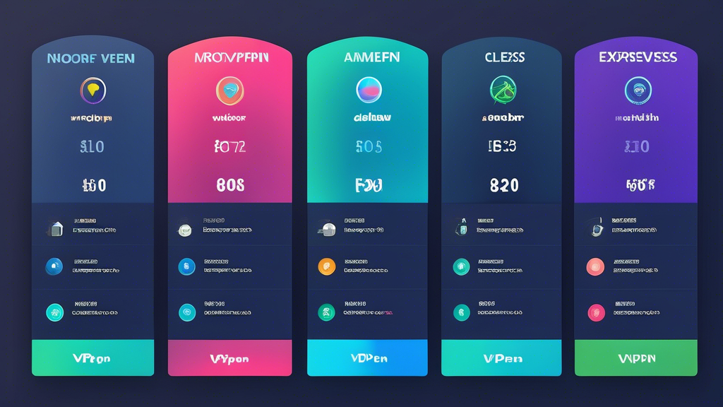 Create an image that shows a detailed comparison table of prices for major VPN services like NordVPN, ExpressVPN, and CyberGhost. The table should display both monthly and annual plans, with different features highlighted for each service. The design should be clean and organized, utilizing icons and colors to differentiate between services and plans.