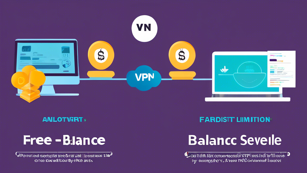 Create an image showcasing a balance scale with Free VPN on one side and Paid VPN on the other. On the Free VPN side, depict limitations such as data caps, ads, and fewer server options. On the Paid VPN side, illustrate benefits like advanced features, better security, and customer support. Background elements should include laptops and mobile devices, emphasizing the comparison between free and paid VPN services.