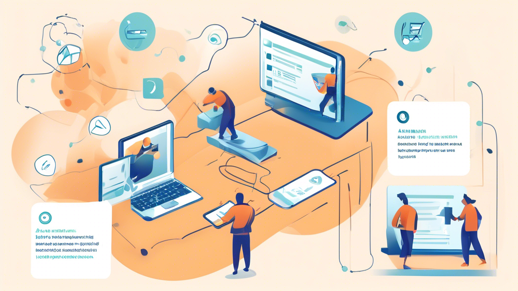 Create an illustration depicting a step-by-step guide to using Eweka Usenet. The image should include the following elements: 

1. A person signing up and setting up their account on Eweka Usenet.
2. A visual representation of navigating the user interface with a focus on the search bar and sidebar menus.
3. An illustration of downloading and uploading content, with icons for files, arrows, and progress bars.

The background should include subtle Usenet-related symbols like newsgroups, servers, and data encryption visuals to tie in with the theme. Use a clean, modern design with easy-to-understand graphics and vibrant colors.

Keyword: eweka usenet.