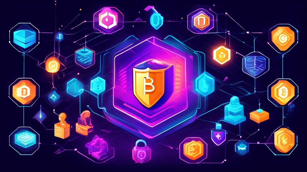 Create an image that showcases the advanced security features of a top crypto casino. Include visual elements such as blockchain technology represented by interconnected blocks or chains, digital encryption symbols like padlocks and shield icons, and a gaming interface in the background with fairness metrics displayed. Make sure the image conveys a sense of trust, transparency, and modern technology.