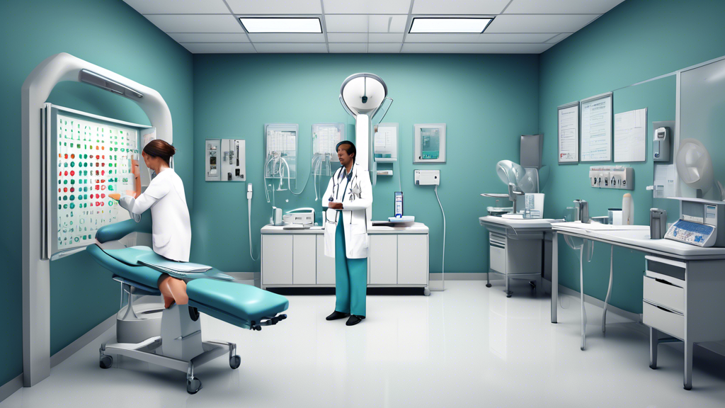 Create an image depicting a detailed scene of a DOT medical test examination room. This should include a healthcare professional performing a physical examination on a commercial driver. Make sure to show key components being evaluated: checking vision with an eye chart, measuring blood pressure, and using a stethoscope to listen to the heart. Include visual representations of relevant documentation, such as the Medical Examination Report (MER) Form, MCSA-5875, placed on a nearby desk or being filled out. The overall tone should be professional and informative, highlighting the thorough nature of the DOT medical test.