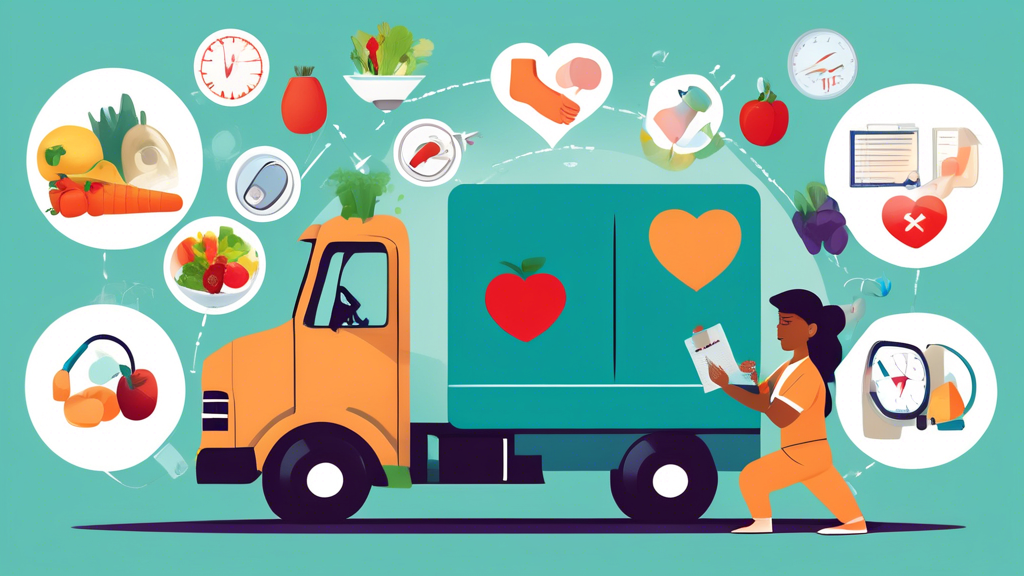 Create an image featuring a commercial truck driver preparing for the DOT medical test. The driver is shown engaging in different healthy lifestyle activities such as exercising, eating a balanced diet with fruits and vegetables, and practicing stress management techniques like meditation. The background can include relevant medical symbols such as a stethoscope, a heart monitor, and an eye chart to represent the health metrics evaluated. Keywords: DOT medical test, commercial driver, healthy lifestyle, preparation.