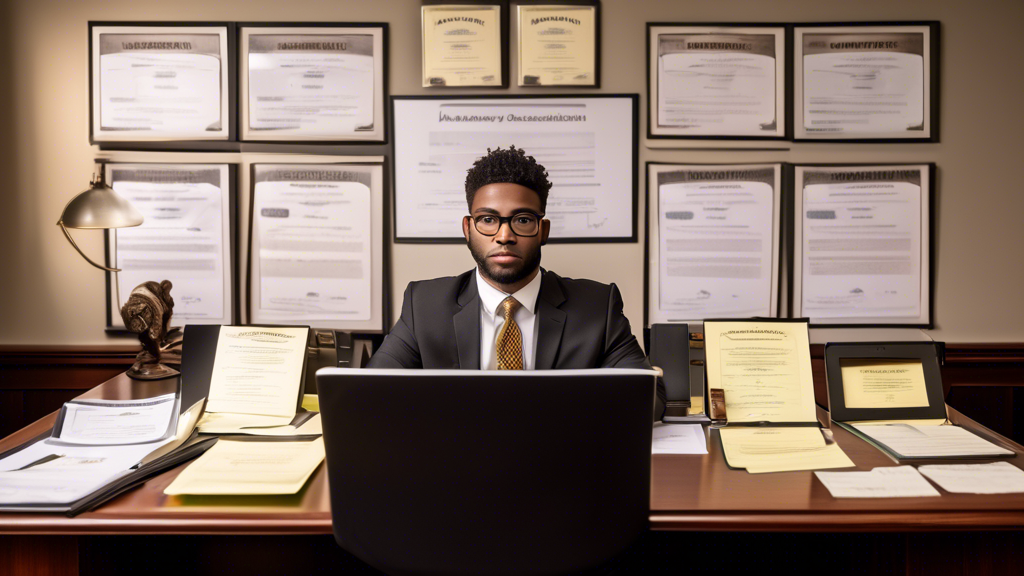 Create an image depicting a confident individual sitting at a desk, reviewing a portfolio labeled Attorney Credentials amidst a backdrop of framed diplomas and certificates on the wall. On the desk, visible forms labelled Client Reviews and post-it notes with questions like Track Record? and Bar Association Member? highlight the process of thorough evaluation. A laptop in the scene showcases a website with attorney testimonials. This detailed setting emphasizes aspects such as evaluating credentials, understanding client reviews, and the importance of consultations when selecting automobile accident attorneys.
