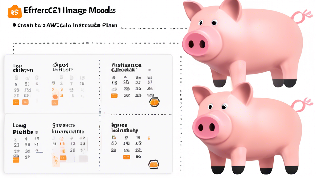 Create an image that illustrates the different AWS EC2 pricing models:
- Show On-Demand Instances as flexible but more costly, perhaps with an icon of a calendar and fluctuating dollar signs.
- Represent Reserved Instances with long-term savings, using an image of a piggy bank and a calendar marked with a long-term plan.
- Depict Spot Instances as a cost-efficient option using unused capacity, maybe with icons of a cloud, discount tags, and a stopwatch indicating opportunistic usage. 

The scene could be set against the backdrop of cloud computing infrastructure to visually represent AWS EC2 services.