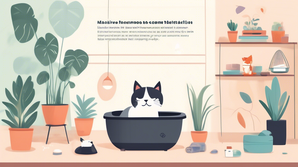 Illustrate a cozy indoor environment featuring a playful male cat sitting contently in a litter box, surrounded by calming scents and visual distractions like plants, toys, and cozy napping spots. Include a lighthearted infographic overlay with tips on behavior modification, such as using pheromone diffusers, providing vertical spaces, and engaging in interactive play. The atmosphere should feel comforting and encourage positive behaviors while gently addressing the issue of cat spraying.