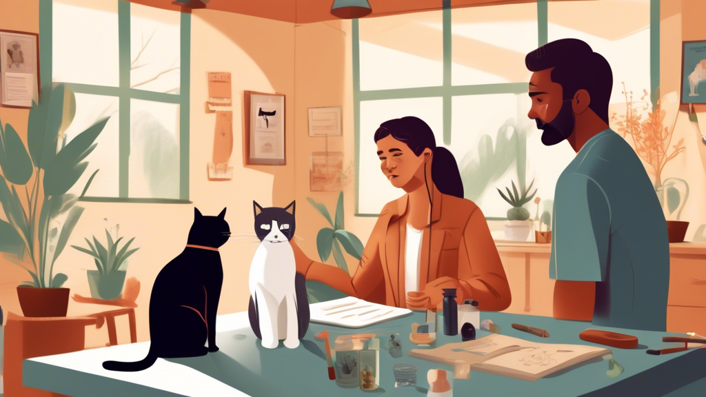 An illustration of a concerned pet owner consulting with a veterinarian and an animal behaviorist in a cozy veterinary office. The owner has a male cat by their side, showcasing various natural remedies and training techniques displayed on a table. The setting is warm and friendly, with educational posters about cat behavior on the walls. The focus is on a collaborative approach to stopping a male cat from spraying without neutering, highlighting the importance of professional guidance in understanding and addressing feline behavior.