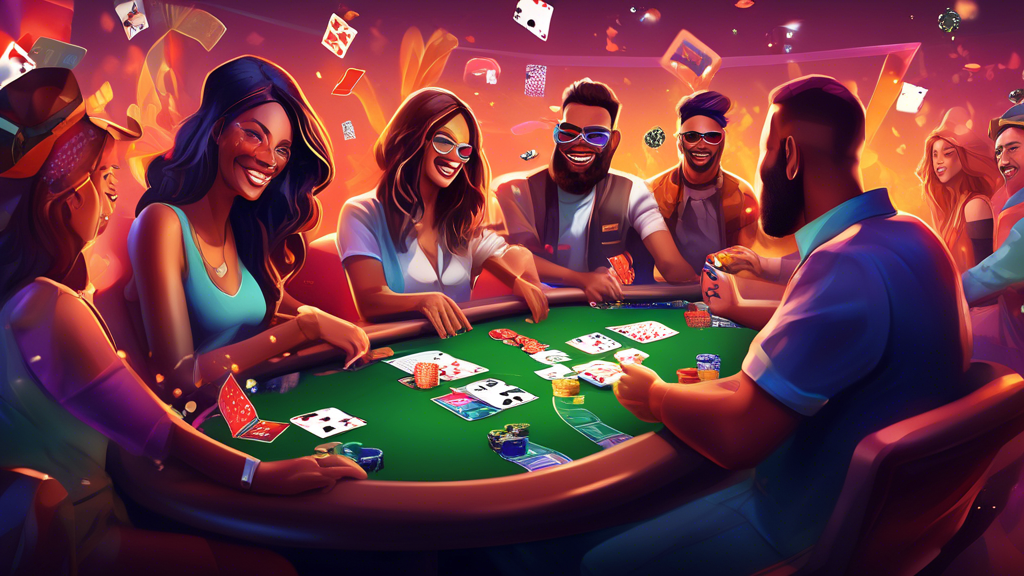 An engaging and colorful illustration showcasing a beginner-friendly interface of Party Poker, featuring a step-by-step registration process on a computer screen. Surrounding the screen, include various types of poker games such as cash games and tournaments represented by vibrant playing cards and chips. Add visual elements that suggest excitement and community, like avatars of diverse players engaged in gameplay, and icons representing tips and strategies for an enhanced experience. The scene should convey a modern and inviting atmosphere that reflects the thrill of online poker.
