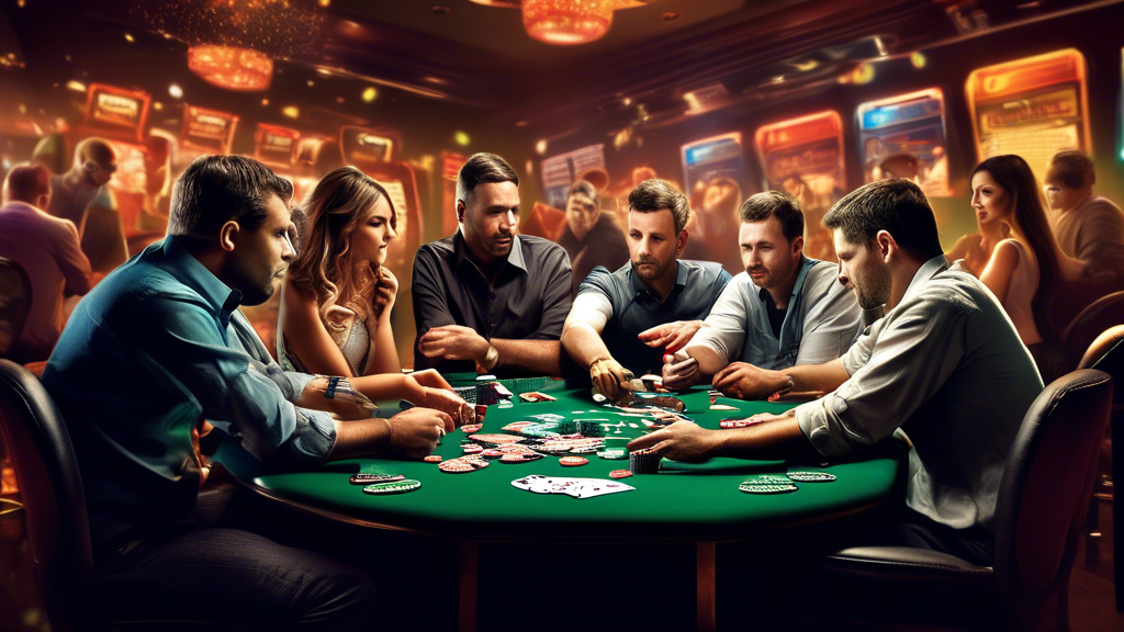 Create an image that visually represents the essence of poker strategies, featuring a diverse group of players at a lively Party Poker table, deep in thought and calculation. Include elements like poker chips, cards in hand, and a digital leaderboard displaying player stats. The scene should capture the excitement and intensity of the game, with a vibrant backdrop of the Party Poker logo and banners. Show a mix of beginner and experienced players engaged in friendly competition, emphasizing the strategy and skill involved in poker.