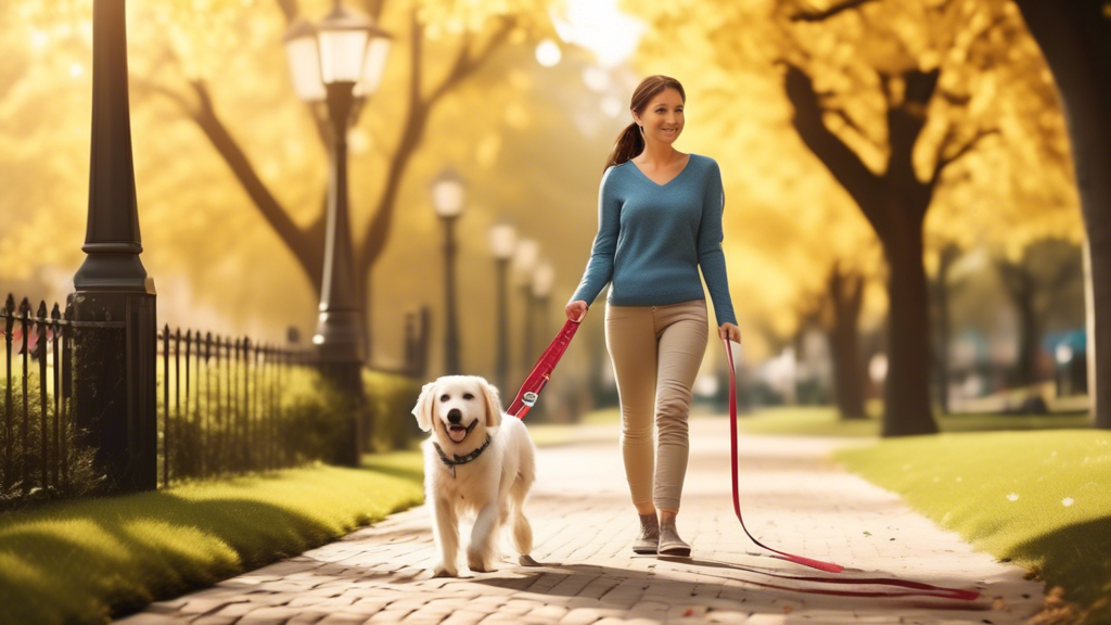 Create an image depicting a pet owner walking their dog using a high-quality, durable lifetime leash with secure clasps. Show the sturdy construction of the leash preventing accidental breakage. Illustrate a calm, stress-free environment, with both the pet and owner looking content and confident. Include elements like a peaceful park or neighborhood to suggest safety and security, with visual snippets or icons indicating reduced risks of escapes or accidents.