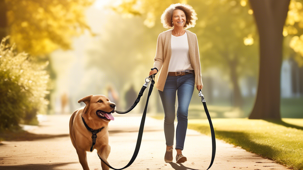 Create an image showcasing a happy pet owner walking their dog on a sunny day with a lifetime leash. Emphasize the ergonomic design features of the leash, such as a comfortable handle for the owner and a well-padded, adjustable collar for the dog. The background should depict a scenic, peaceful park setting, highlighting the convenience and comfort of using a lifetime leash for everyday walks. Include subtle elements that show the durability and reliability of the leash, such as close-up shots of sturdy clasps and high-quality materials.