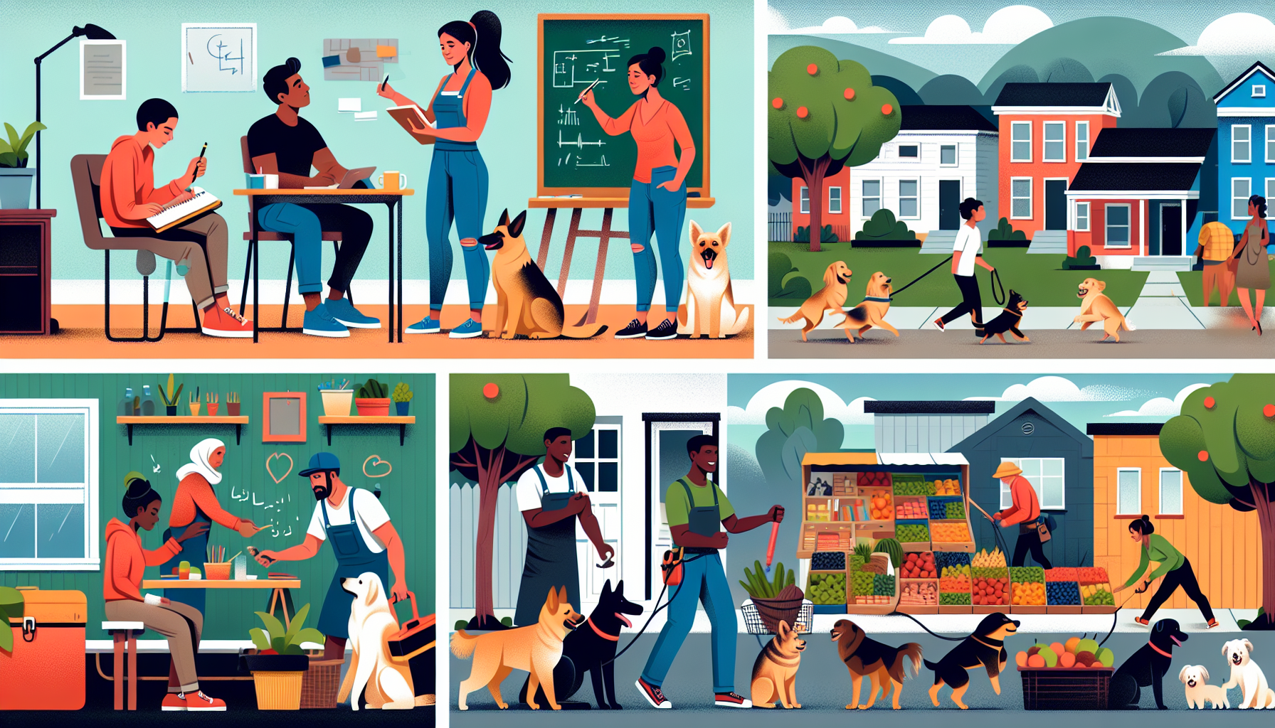 Create an image showcasing various types of local side hustles. Include diverse characters engaging in different activities such as a person tutoring a student with a chalkboard in the background, another person walking multiple dogs in a neighborhood park, a handyman repairing a door, and a vendor selling handmade crafts and produce at a bustling local market. The setting should be a lively community with elements hinting at a small-town or urban environment, capturing the essence of local engagement and opportunity.