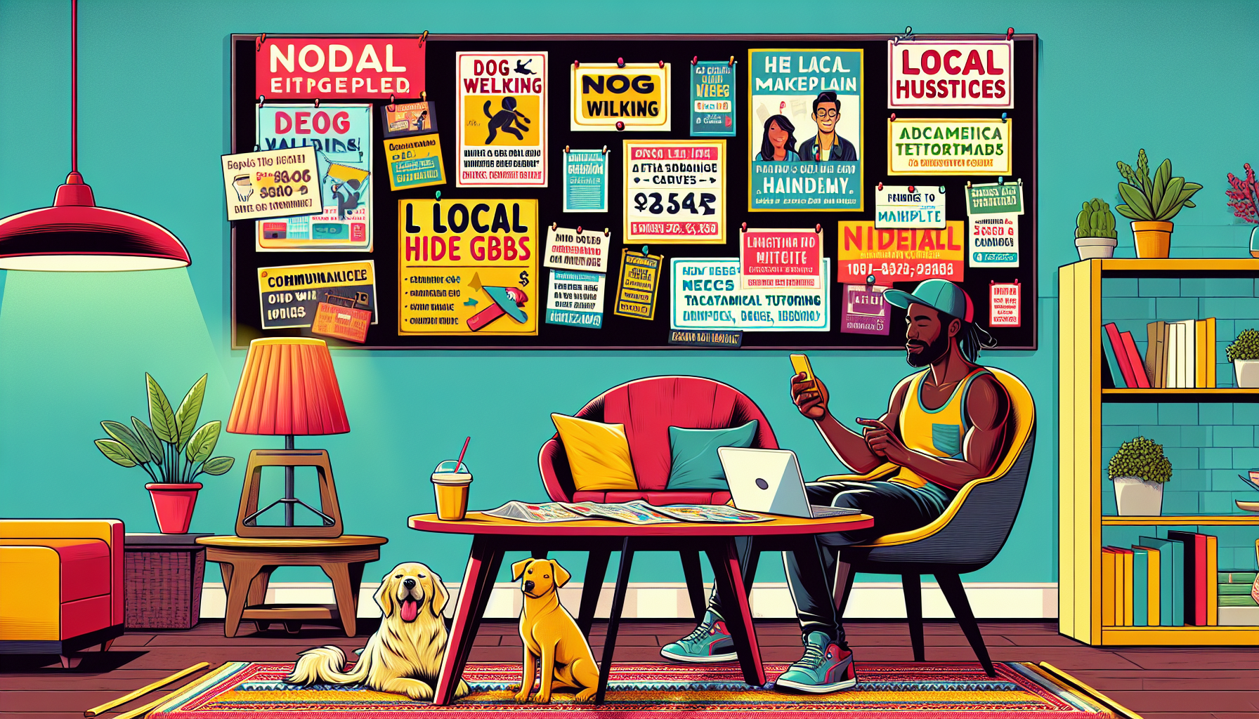 Create an image that shows a person actively using a smartphone while sitting at a cozy coffee shop. Surrounding them are various elements representing different local side hustle opportunities: a notice board with flyers for dog walking, tutoring sessions, and handyman services; a laptop open to a local gig marketplace website; and a community board with pinned ads for neighborhood services. The setting should be cheerful and bustling, capturing the essence of a connected and resourceful community.