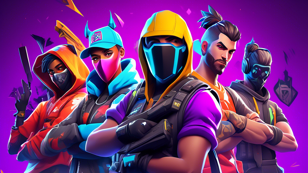 Create a highly detailed illustration showcasing influential Fortnite esports players and teams. The scene should include top players in action, with their iconic in-game characters and costumes, set in various vibrant and dynamic Fortnite landscapes. Highlight the logos and identities of leading esports teams, such as FaZe Clan, Team Liquid, and NRG Esports, integrated into the environment. Capture the energy and excitement of major tournament moments, with fans and digital viewership represented in the background. Emphasize the individual success stories and significant achievements within the competitive Fortnite scene.