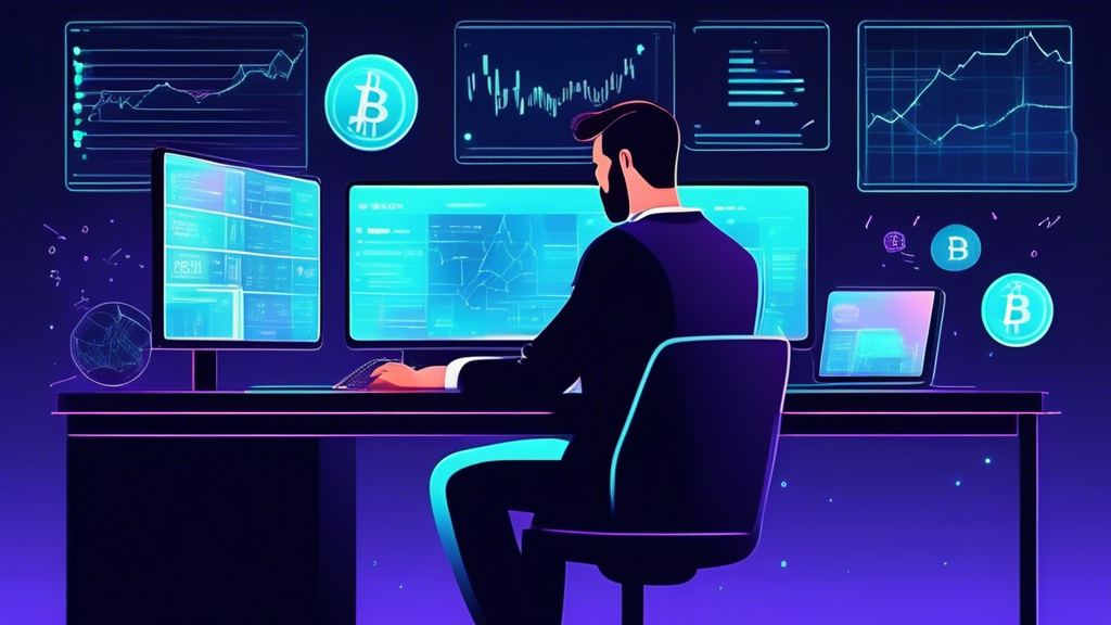 Create an image that depicts a person confidently trading cryptocurrencies on a high-tech computer setup. The scene should include charts and graphs displaying market analyses, a hardware wallet for secure storage, and various digital currency symbols (e.g., Bitcoin, Ethereum) floating around. The overall atmosphere should convey a sense of strategic planning and management of risk in a modern and secure environment.