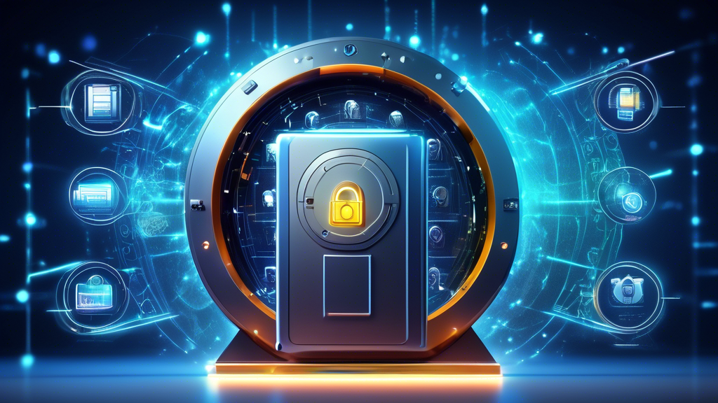 Create an image of a futuristic and ultra-secure digital vault, surrounded by holograms of advanced security features like two-factor authentication icons and cold storage symbols. The vault should have a digital currency symbol integrated into its design, hinting at regulatory compliance papers and insurance shields. In the background, a leaderboard or ranking chart should display glowing testimonials and high user ratings, emphasizing a proven track record. Title the image Top Features to Look For in the Safest Crypto Exchanges.