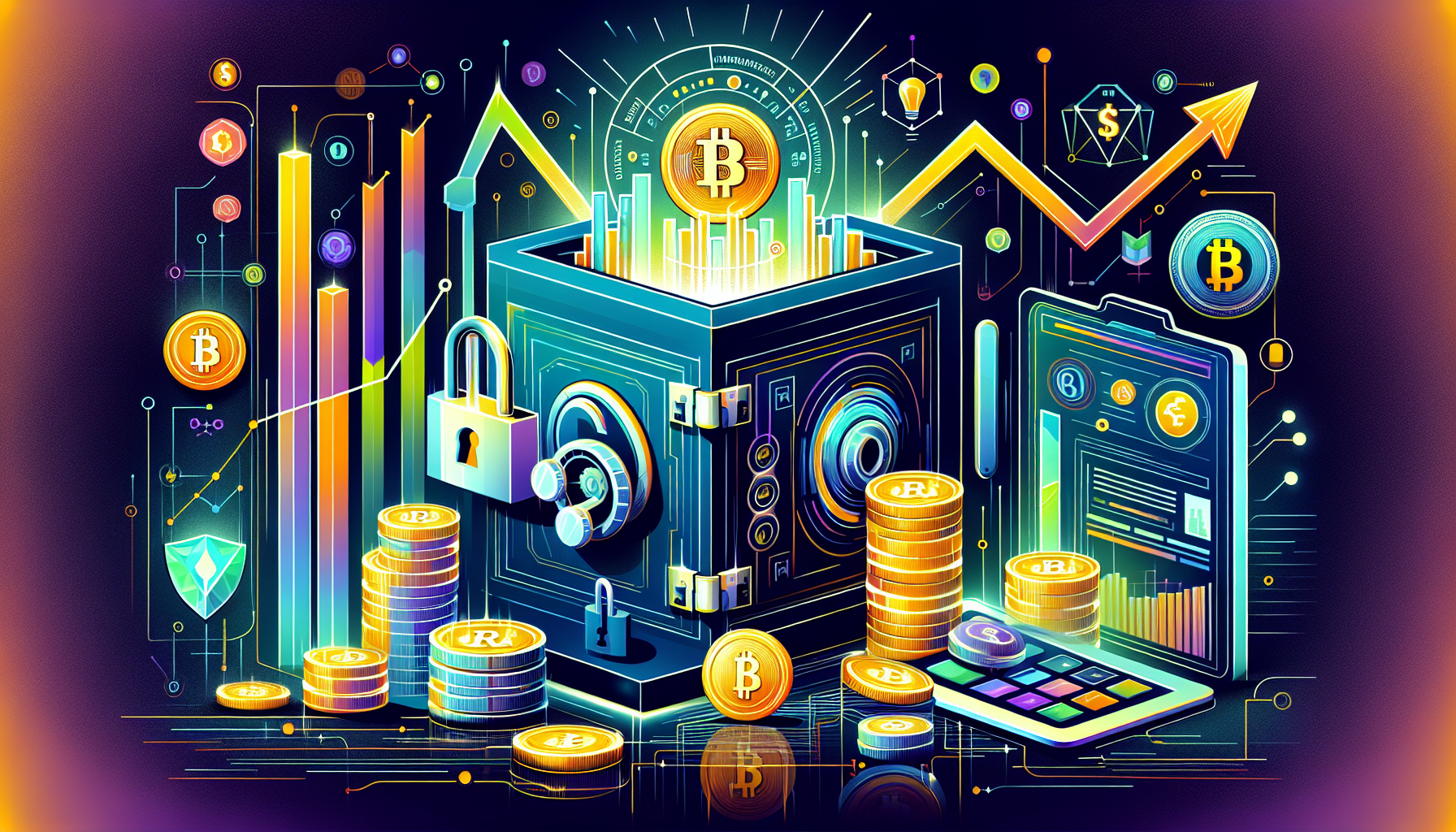 Create an image inspired by the second point of the outline for the article titled Преимущества использования Coinbase для ИРА:

Create a modern digital illustration showcasing the key benefits of using Coinbase for IRAs. The image should depict a secure and reliable cryptocurrency storage, symbolized by digital locks and vaults. Additionally, it should highlight the convenience and ease of managing assets via the platform, represented by a user-friendly digital interface on a smartphone or computer. Lastly, include graphical elements such as ascending graphs or coins to emphasize the growth potential and profitability of cryptocurrency investments. The overall theme should convey trust, efficiency, and financial growth.