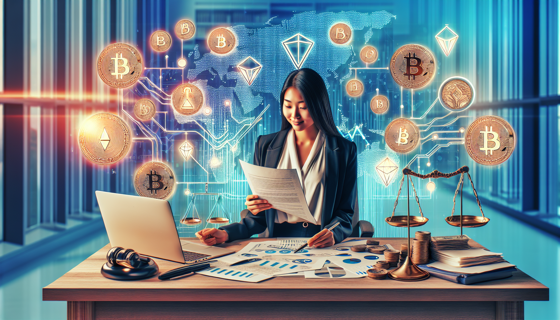 Prompt for DALL-E:

Create an image that illustrates the tax benefits and legal aspects associated with a Coinbase IRA. The scene should show a confident person sitting at a desk reviewing tax documents with charts and graphs displaying investment growth. In the background, include symbols of legal compliance, such as scales of justice and a certificate, alongside cryptocurrency icons like Bitcoin and Ethereum. The environment should convey reliability and security.