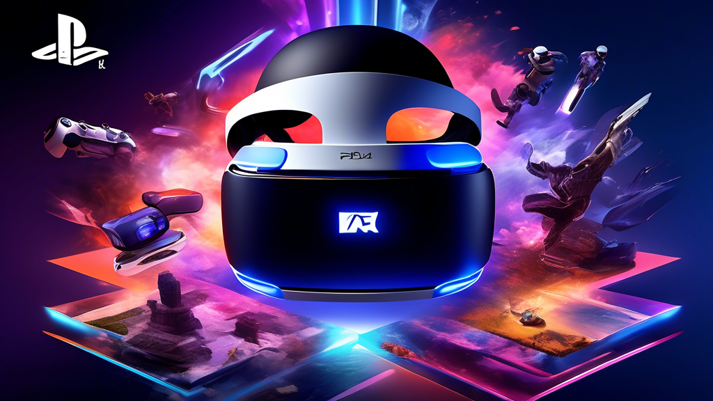 Create an image that showcases the cutting-edge features and enhancements of PS4 VR 2. The scene should include a futuristic VR headset and controllers with sleek, modern designs. Emphasize technical advancements like higher resolution displays, advanced tracking sensors, and ergonomic controllers. Incorporate visual elements that suggest enhanced user experience, such as a highly immersive and detailed virtual game environment with vibrant graphics. The image should capture the excitement and potential of using PS4 VR 2 for gaming.
