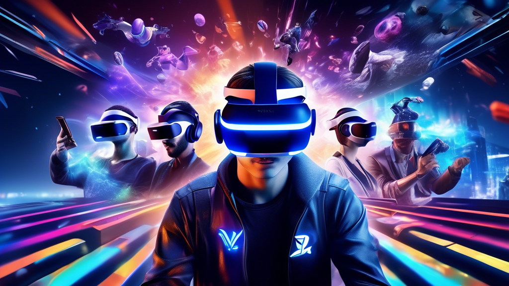 Create an image that captures the impact of PS4 VR 2 on the gaming industry. Imagine a futuristic gaming arena with gamers wearing sleek, advanced VR headsets and using next-gen controllers. The background should include holographic advertisements and game logos floating around, indicating the future development of VR games and applications. The scene is vibrant and dynamic, symbolizing the transformative influence and competitive edge that PS4 VR 2 brings to the gaming world.