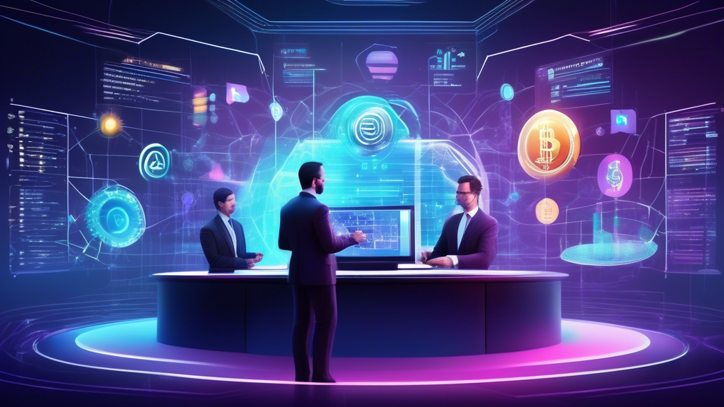 Create an image that depicts the future financial landscape influenced by FTX. Show futuristic stock exchanges with holographic displays, digital currencies and assets being traded, and advanced blockchain technology. Illustrate regulators and compliance officers monitoring these activities in real-time, with consumers using advanced financial tools and apps seamlessly. Include a background that merges traditional finance hallmarks, like banks and financial buildings, with cutting-edge tech elements to signify the integration of new and old financial systems.
