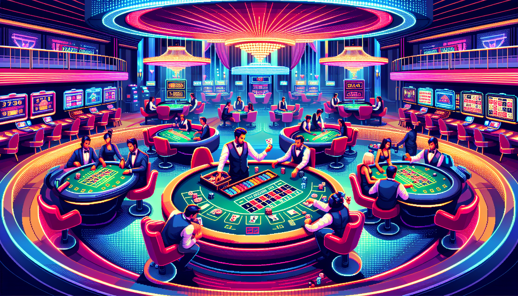 Create an image showcasing a dynamic casino live gaming scene. Include a high-energy environment featuring live dealer poker, blackjack, roulette, and baccarat tables. Highlight each game with vibrant and inviting visual details, illustrating croupiers in action, flashing lights, and players engrossed in the excitement. Capture the thrill and sophistication of the live gaming experience in a lavish, modern casino setting, emphasizing interaction between the dealers and players.