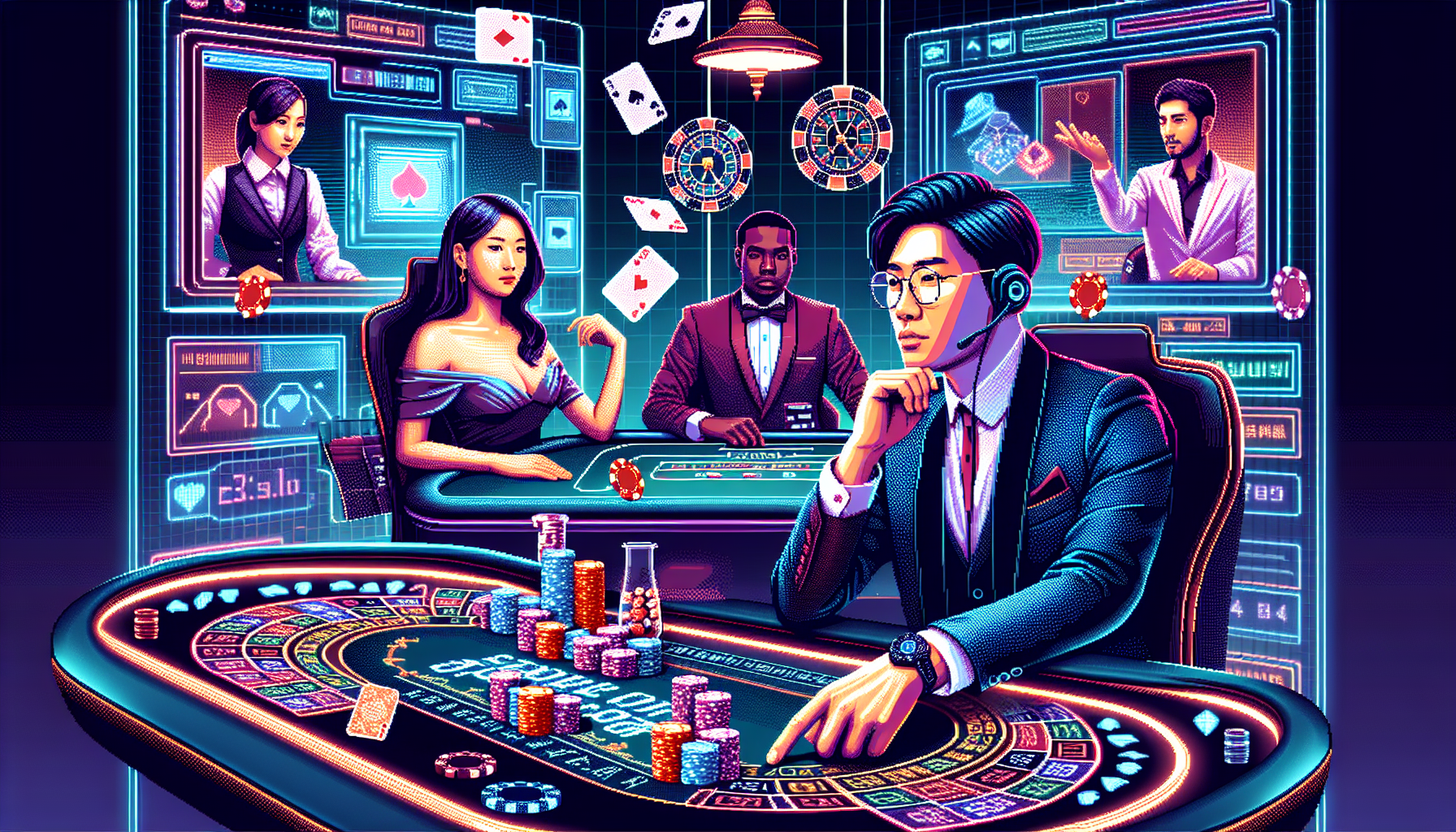 Prompt for DALL-E: 

Create an image of a lively casino live gaming session. The scene should show a player sitting confidently at a table, interacting with a friendly live dealer. The player is focused and engaged, using strategy notes. Other players are also visible, participating in the game through an immersive digital interface. The background features vibrant casino elements like cards, chips, and a roulette wheel. The atmosphere is energetic and sophisticated, reflecting the excitement and strategic depth of live gaming with clear depictions of interactions and gameplay strategies.