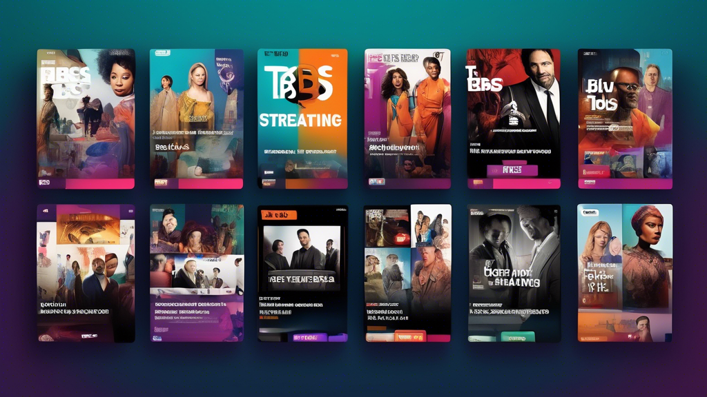 Create an image that showcases the diverse content offerings on TBS Streaming. Illustrate a dynamic library of TV shows and movies, highlighting exclusive TBS Streaming originals with vibrant posters and cover art. Include a user interface that shows TBS Streaming’s sleek layout and features. Ensure the design contrasts TBS Streaming with icons or subtle references to other popular streaming services in the background, signifying its competitive edge.