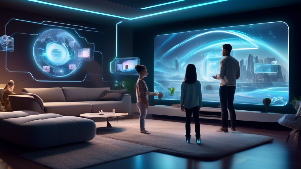 Create an image depicting the future of TBS Streaming with advanced technology and innovation. Show a futuristic living room with a family watching a floating holographic TBS Streaming interface. Integrate elements of artificial intelligence and machine learning, such as personalized content recommendations and voice-activated controls. Include visualizations of data streams and futuristic smart devices enhancing the viewing experience. Highlight a sleek, modern aesthetic to represent the next-generation streaming experience.