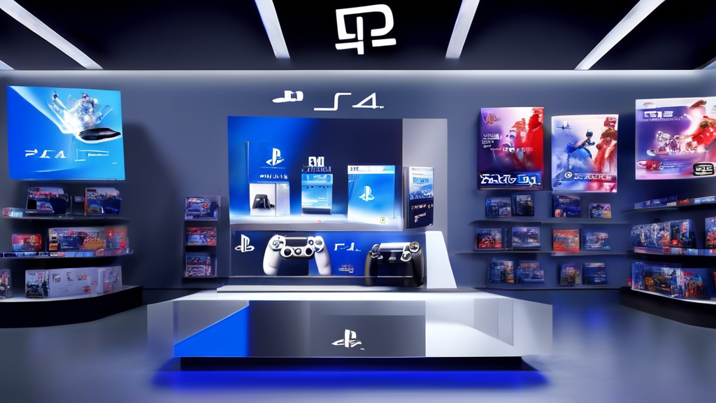 Create an image that highlights the anticipated release of the brand new PlayStation 4. Showcase the sleek new console with dynamic lighting, surrounded by exciting promotional banners displaying the official release date and pre-order information. Include price tags and available bundles in bold, eye-catching text. The background should depict a futuristic retail store setting, with various retailers