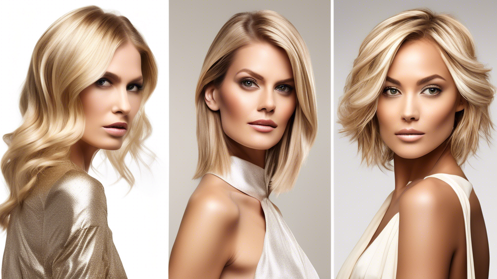 A stunning image of a woman with blonde hair styled in full foil highlights, showcasing three distinct trendy looks. The first section shows a classic blonde style with even, natural-looking highlights perfect for everyday elegance. The second section features a celebrity-inspired blonde look with bold, eye-catching highlights reminiscent of red-carpet glamour. The third part displays creative variations and customizations, including subtle lowlights, a touch of balayage, and playful pastel tones for a modern, edgy vibe. The background is a chic, minimalist salon setting with high-end styling tools and products, emphasizing the professional quality of the hairstyles.