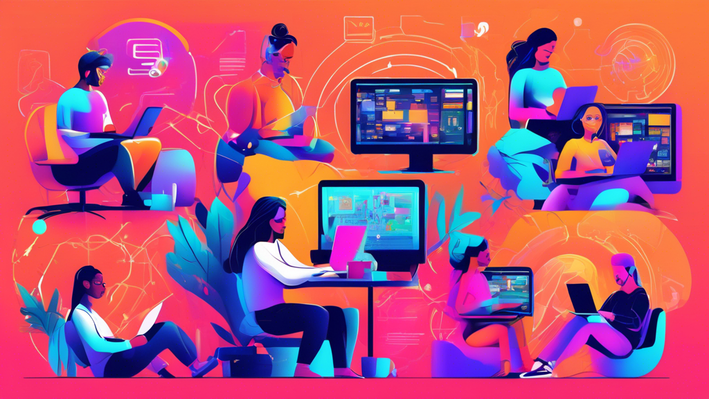 Create an illustration of a diverse set of people sitting at their computers, each glowing with colorful outlines to represent various cultures and professions, while using different top websites that unblock everything. Featured on their screens are logos and icons of these websites with labels that describe their key features, such as speed, privacy, or usability. In the background, show a complex web of interconnected global data streams and networks, symbolizing unrestricted internet access.