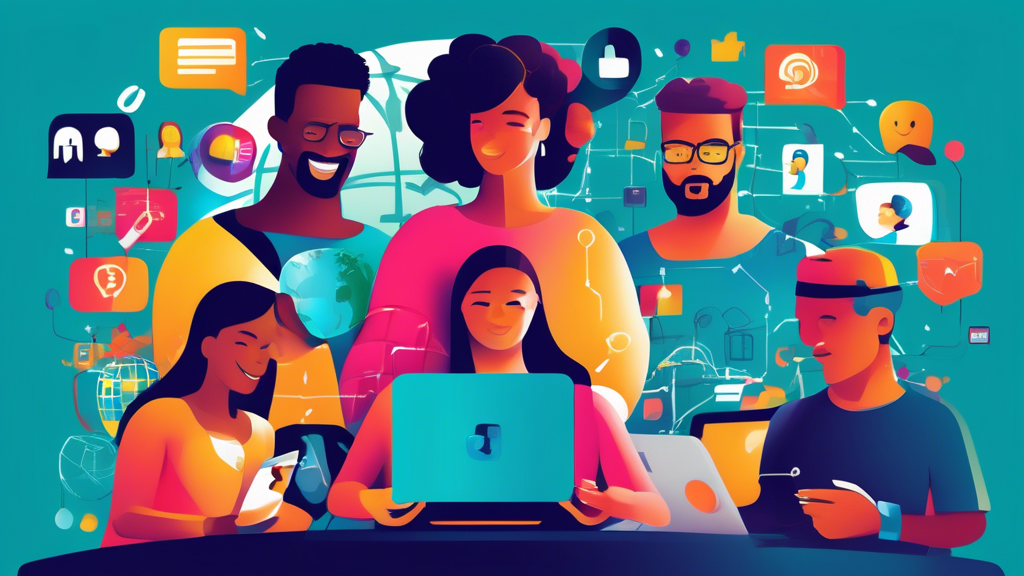 Create an image depicting various internet users from diverse backgrounds happily engaging with their devices, surrounded by a digital globe and icons representing privacy, security, education, and global content. The setting should convey the empowerment and freedom provided by websites that unblock everything, illustrating how they enhance access to information and improve online privacy and security.