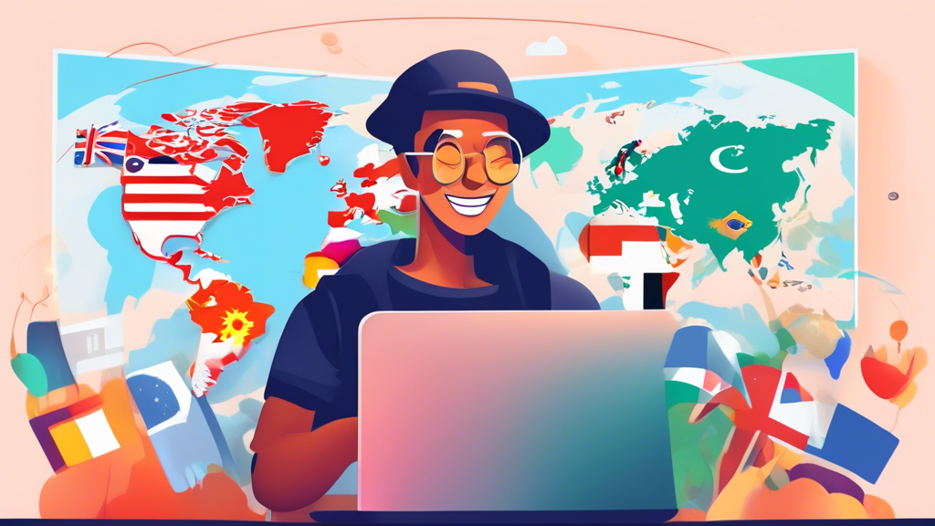 Create an image that shows a cheerful person using a laptop with multiple open browser windows displaying different websites and streaming services such as Netflix, Hulu, or BBC iPlayer, with location icons indicating different countries. The scene should capture the user easily accessing geographically restricted content from different regions thanks to Turbo VPN. The background should subtly hint at a virtual map with various country flags connected to the user