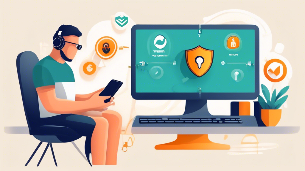 Create an image illustrating the following: **How Turbo VPN protects online privacy and security**. The image should show a person using a computer or smartphone with Turbo VPN activated. There should be visual symbols for privacy and security, such as a lock, shield, and encrypted data streams. Additionally, the image should emphasize the concept of IP address masking and data encryption. The background can include elements such as a hacker or surveillance threats being blocked or deflected, highlighting the importance of a robust VPN for safeguarding personal information. Use a modern, tech-inspired color palette with greens and blues to convey security and trust.