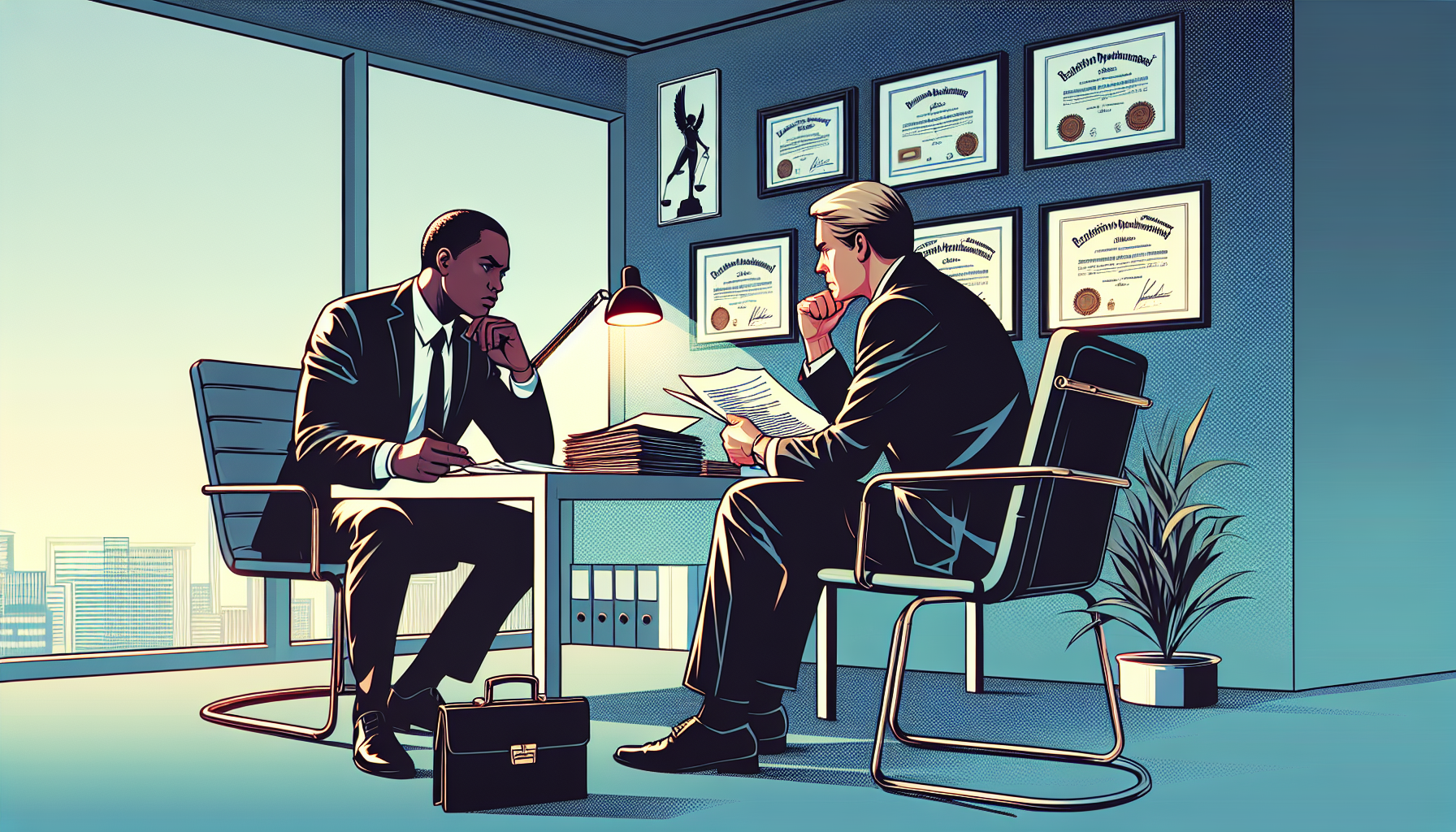 An image of a concerned parent sitting in a modern law firm office, reviewing documents and asking questions to a focused attorney with certificates and awards on the wall, symbolizing expertise in child injury law. The scene captures a professional yet compassionate discussion, emphasizing the importance of credentials and case success in finding the best lawyer nearby.