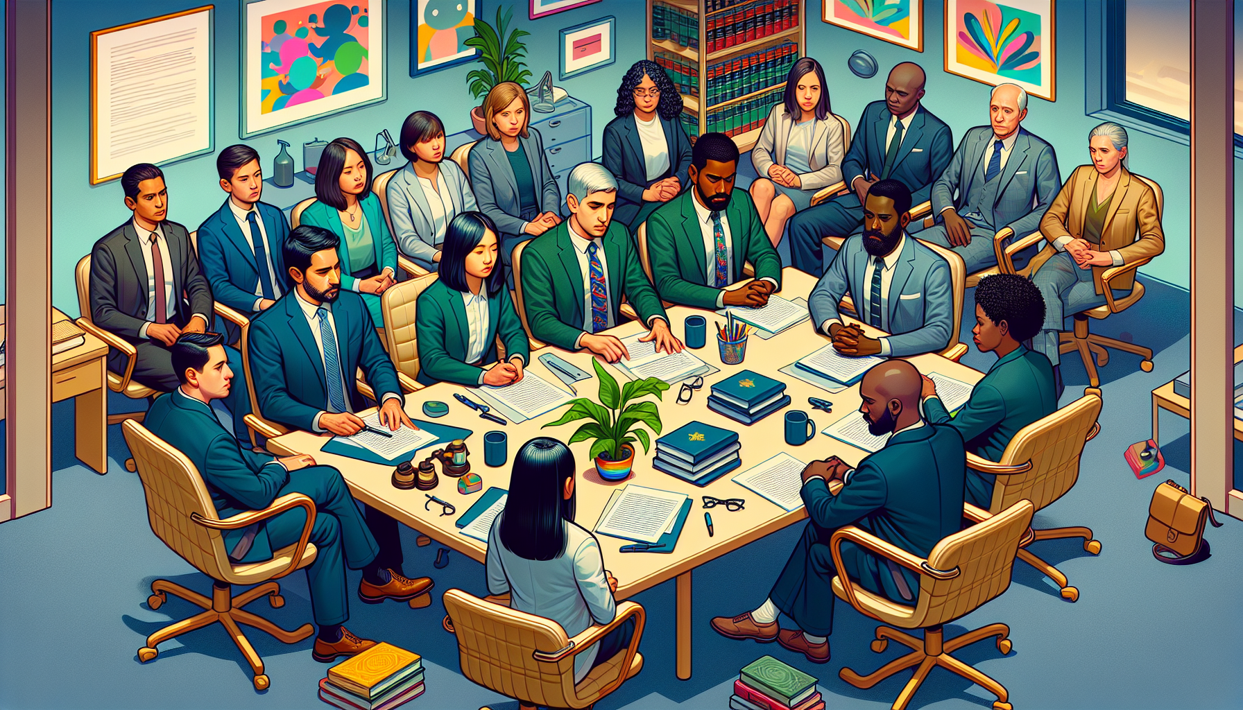 Create an image of a diverse group of child injury lawyers sitting around a large conference table, discussing a case with focus and compassion. Visible in the room should be legal books, a whiteboard with case notes, and soothing, child-friendly decor. Each lawyer is attentive and displays a unique blend of empathy and professionalism.