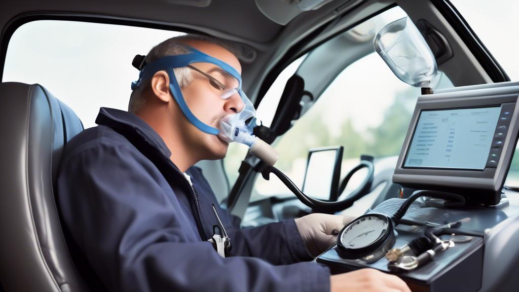 **Prompt for DALL-E:**Create an image that illustrates various aspects of managing sleep apnea for DOT certification. The image should depict a commercial truck driver using a CPAP machine, incorporating elements like a detailed calendar or schedule showing compliance requirements and tips for managing sleep apnea. There can also be icons indicating lifestyle changes (e.g., healthy diet, exercise) and medical consultations. The setting could be split into a cozy truck sleeper cab where the driver rests using the CPAP machine, and a professional environment where the driver is consulting with a healthcare provider. Use a style that combines attention to detail with a clear, informative approach.