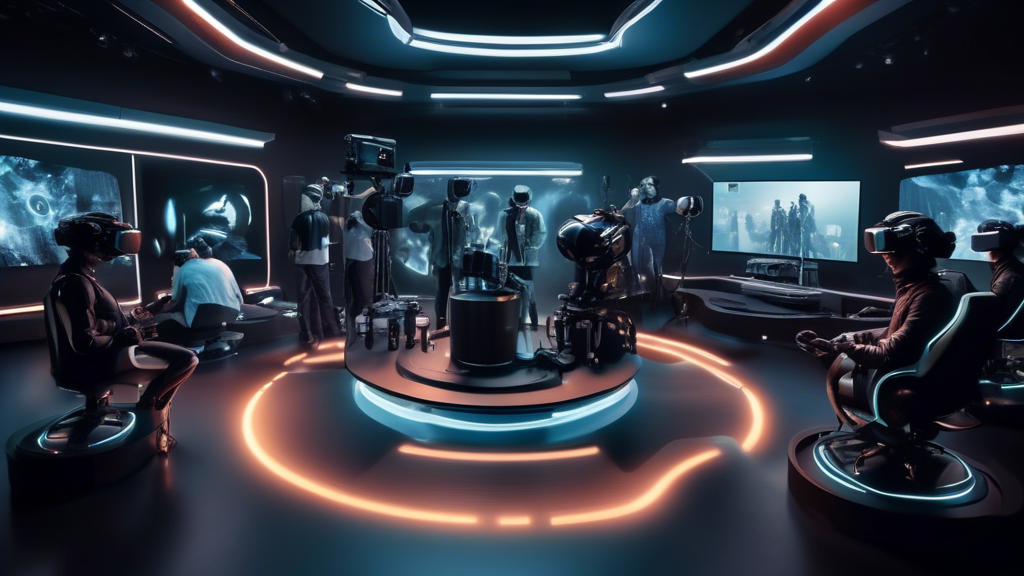 Create an image of a futuristic studio equipped with advanced 360 VR filming gear being used to produce adult entertainment content. The setting should highlight the complexity of the technology, including 360-degree cameras, computer workstations, and VR headsets. In the background, show a team of professionals, including directors, camera operators, and technicians, collaborating seamlessly. The atmosphere should convey innovation, with holographic displays and charts indicating market growth and future trends in the industry.