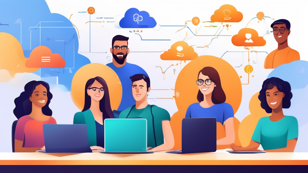 Create a vibrant and dynamic image showcasing a diverse group of people engaged in virtual learning environments, focusing on key courses like AWS, Azure, and Google Cloud. Include elements like laptops, cloud graphics, and digital certificates to highlight the flexibility and on-demand nature of the training. Incorporate subtle testimonials or success story elements in the background to signify the positive experiences of CloudGuru graduates.