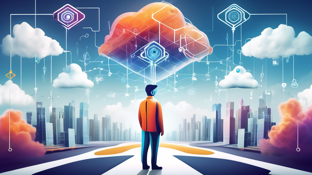 Create an imaginative and vibrant image that illustrates the career opportunities unlocked by CloudGuru. Visualize a person standing at a crossroad with multiple welcoming pathways leading to various cloud-related job roles such as Cloud Architect, DevOps Engineer, and Data Analyst. Include networking nodes symbolizing a strong community connection and futuristic elements highlighting the importance of cloud skills in the modern IT world. Use keywords like cloudguru to reinforce the concept.