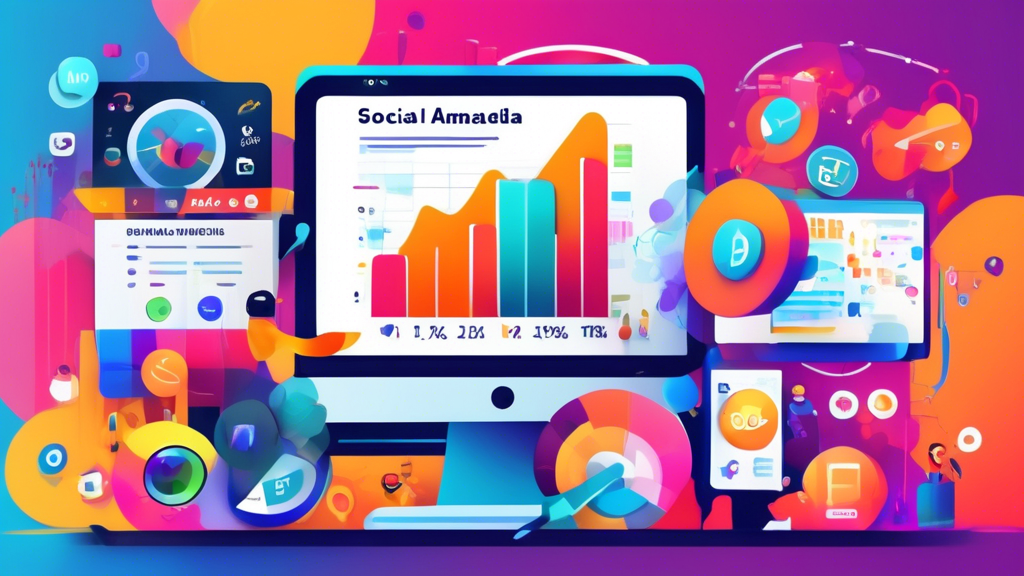 Create an image that visually represents the concept of measuring and optimizing social media ads performance. The scene should include a digital analytics dashboard showcasing key metrics like click-through rates and engagement scores, alongside a laptop displaying A/B testing graphs. Incorporate vibrant colors associated with popular social media platforms, with elements like charts, data points, and icons of different social networks. In the background, show a creative workspace with notes and a coffee cup, symbolizing the strategy involved in analyzing ad results for continuous improvement.