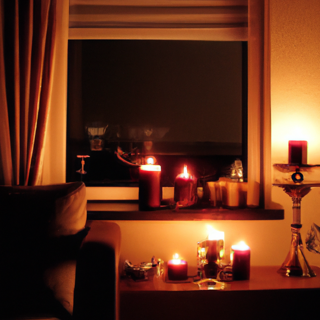 A cozy, warmly lit room with elegantly designed window candles displayed on a windowsill. The candles should have a variety of features such as battery-operated and electric models, showcasing timers, remote controls, and adjustable brightness settings. The background should feature different styles of home interiors, demonstrating how various materials and designs of candles can complement each style. The scene should evoke a sense of tranquility and charm, focusing on the versatility and functionality of the window candles.