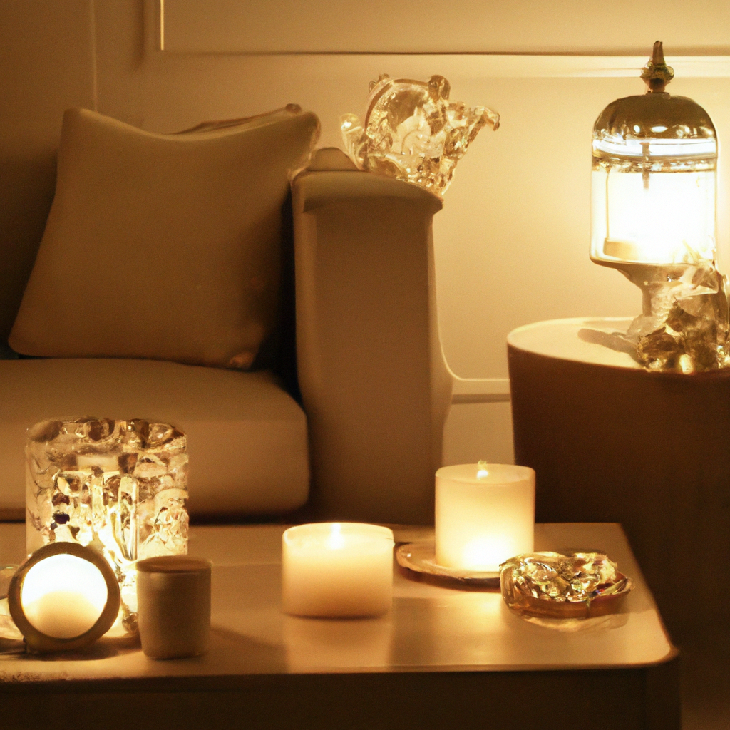 Generate an image of a cozy, well-lit room with five distinct window candles placed on various windowsills. Each candle should have a subtly different design, including variations in color, material, and illumination style (soft glow, flickering, etc.). Include a cozy living setting with a plush sofa, a coffee table with a book and a cup of tea, and gentle evening light filtering through curtained windows. Emphasize the warmth and inviting ambiance created by the glow of the window candles. Caption the image with Top 5 Best Window Candles on the Market in 2023.