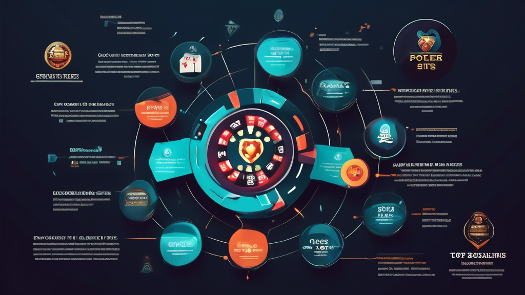 Create an infographic that visually represents the key criteria for evaluating top-rated poker sites in 2023. Include icons and brief descriptions for each criterion: licensing, player traffic, and bonuses. Surround the central focus with examples of top poker sites, showcasing their unique features such as game variety, user interfaces, and mobile compatibility. Use a modern and vibrant design to appeal to online gaming enthusiasts.