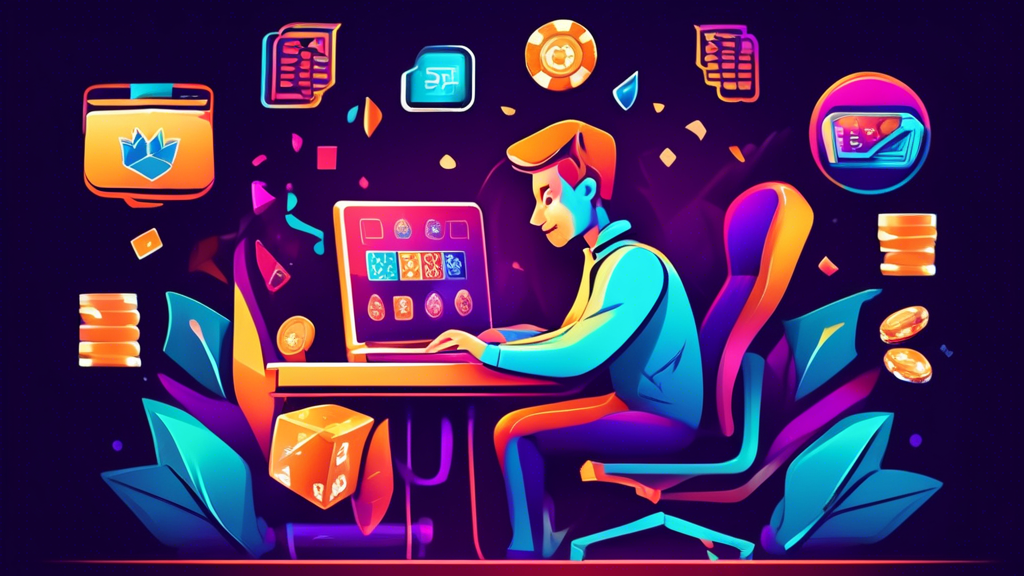 Create an informative and engaging illustration that depicts a person sitting at a computer, enthusiastically playing online poker. The screen displays a vibrant poker game interface with chips and cards. Surround the player with symbols representing safe gambling practices, such as a checklist, a shield for security, and icons of bonuses like gift boxes and trophy cups. Include elements that convey skill improvement, such as books and online tutorials. The background should resemble a cozy home office, highlighting the comfort of online gaming. Incorporate a color palette that is lively yet professional, reflecting the dynamic nature of online poker sites.