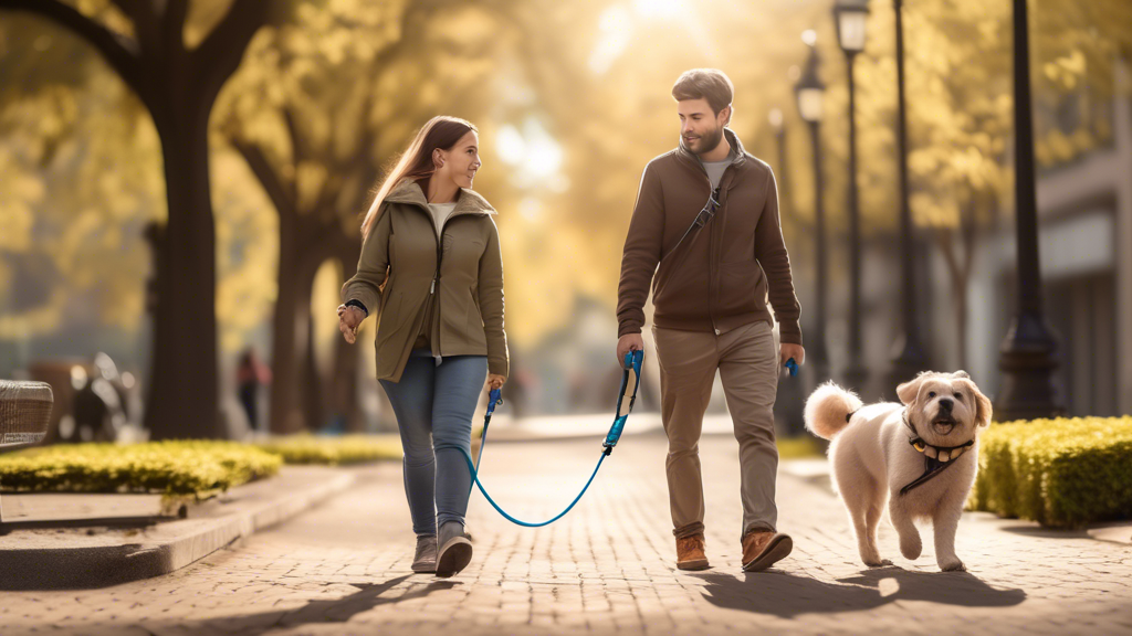 Create an image of a dog owner walking a medium-sized dog using a double handle dog leash. The dog owner should look comfortable and relaxed, with one hand holding the primary handle and the other lightly gripping the secondary handle closer to the dog