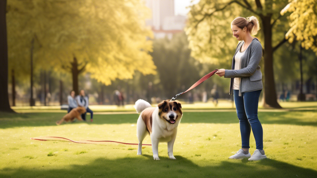 Create an image of a dog trainer using a double handle dog leash to train a happy and attentive dog in a park setting. The trainer, appearing focused and confident, demonstrates effective training techniques, highlighting the use of both handles. In the background, there could be other dogs and owners engaging in training, showcasing a positive and instructive environment. The image should radiate a sense of progress and bonding between the dog and its owner, emphasizing the long-term benefits of the double handle dog leash. Keywords: double handle dog leash, dog training, park setting.