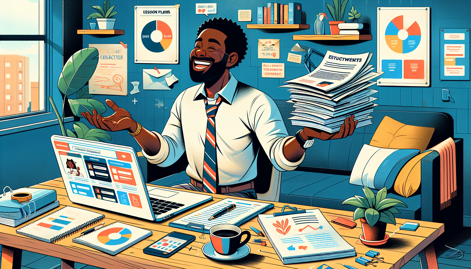 Create an engaging scene featuring a teacher in a cozy home office setting, enthusiastically working on a laptop. Surround the teacher with various educational materials such as lesson plans, worksheets, and a partially-written e-book. Display open websites for online marketplaces like Teachers Pay Teachers on the computer screen. Include a visual of the teacher proudly holding a stack of printed educational content, evoking excitement and anticipation for selling their creations. The environment should be organized and inspirational, with motivational quotes on the walls and a cup of coffee on the desk, symbolizing productivity and creativity. Keywords: side hustles for teachers, educational content creation.