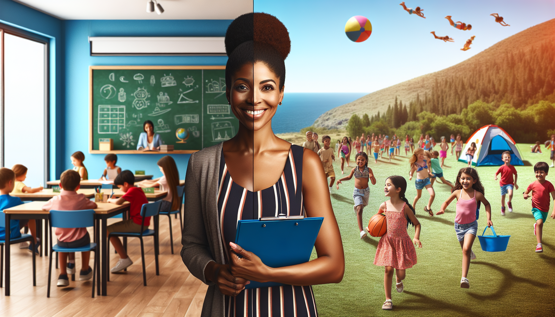 A dedicated teacher balancing her teaching job with a part-time role as a summer camp instructor. The background shows a classroom transitioning into a summer camp scene, complete with joyful children participating in camp activities. The teacher is smiling, with a clipboard in her hand, symbolizing organizational skills. Inset images include standardized test proctoring, as well as other part-time roles, illustrating the variety of seasonal jobs available. Keywords: side hustles for teachers.