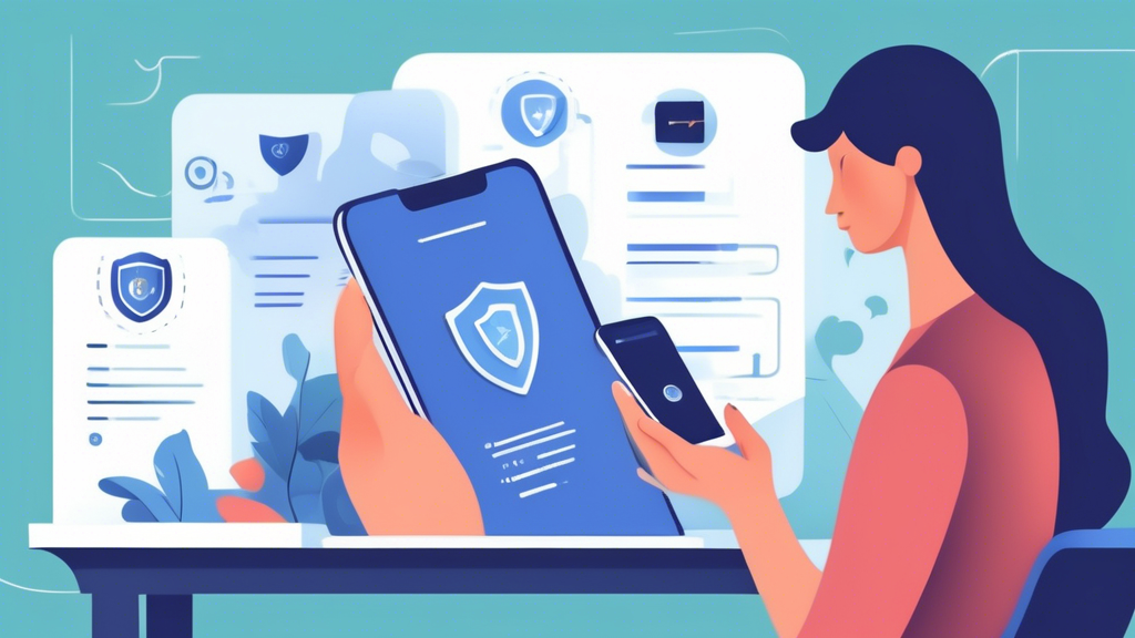 Create a detailed illustration that shows a person setting up a secure VPN on multiple devices (smartphone, laptop, and tablet). The scene should include a checklist with important tasks like 